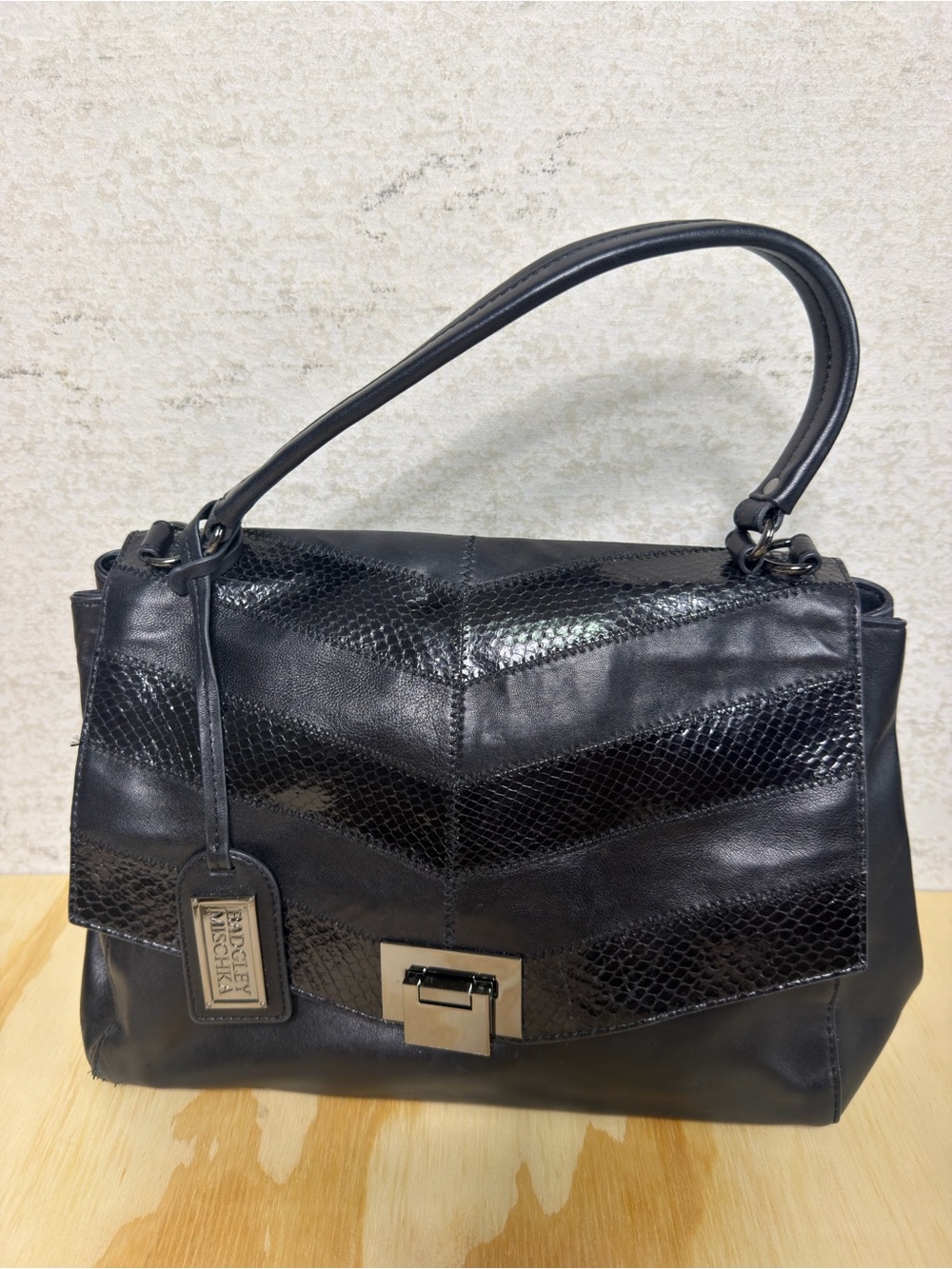 Badgely Mischka Black Leather Chevron Shoulder Bag